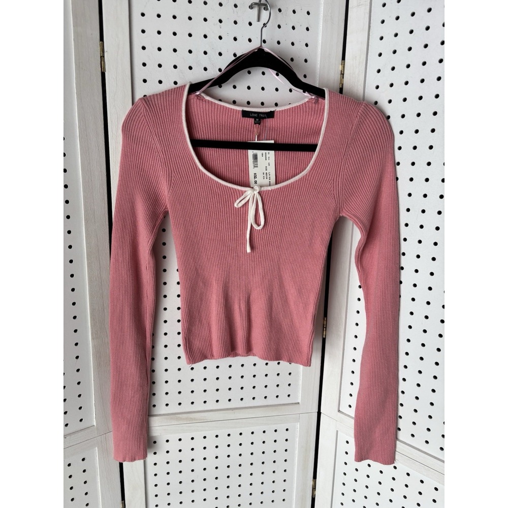NWT Love Tree Pink White Ribbed Scoop Neck Sweater Women's Medium Soft & Plush